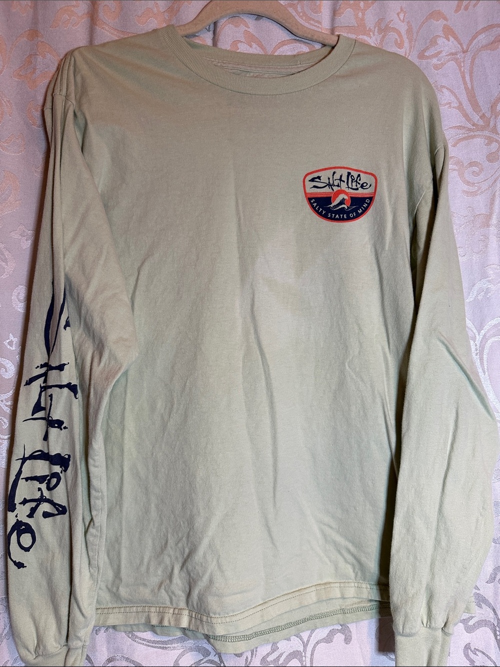 Salt Life Long-Sleeve Crew in Light Sage with Navy Script